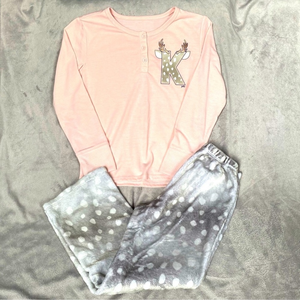Justice 2-Pc Girls Letter “K” Pink/Grey Long Sleeve Pajama Set Size 14/16